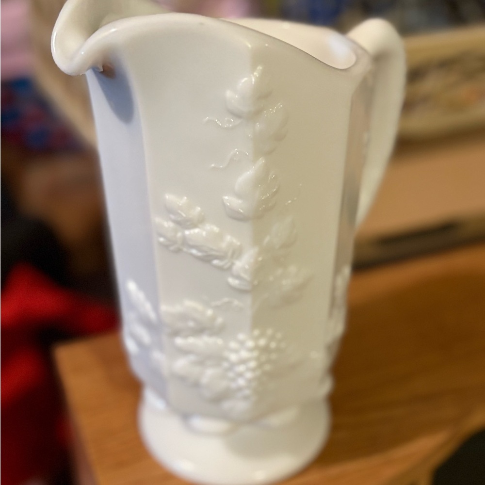 West Moreland, vintage White Embossed Milk Glass Pitcher